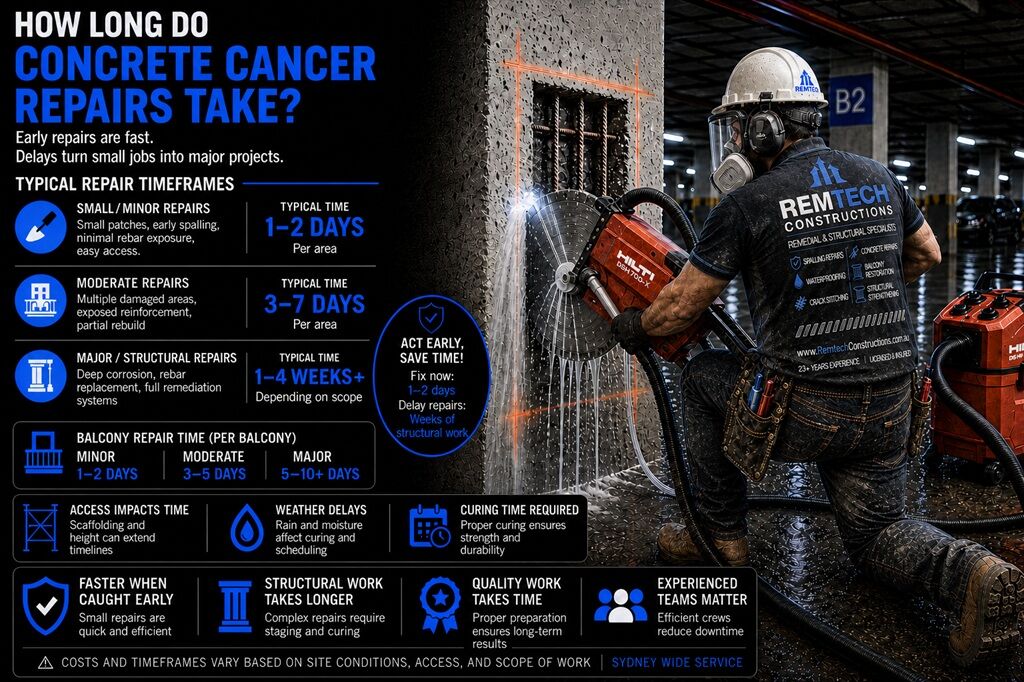 How Long Does It Take To Repair Concrete Cancer? 1 How Long Do Concrete Cancer Repairs Take - Remtech Constructions